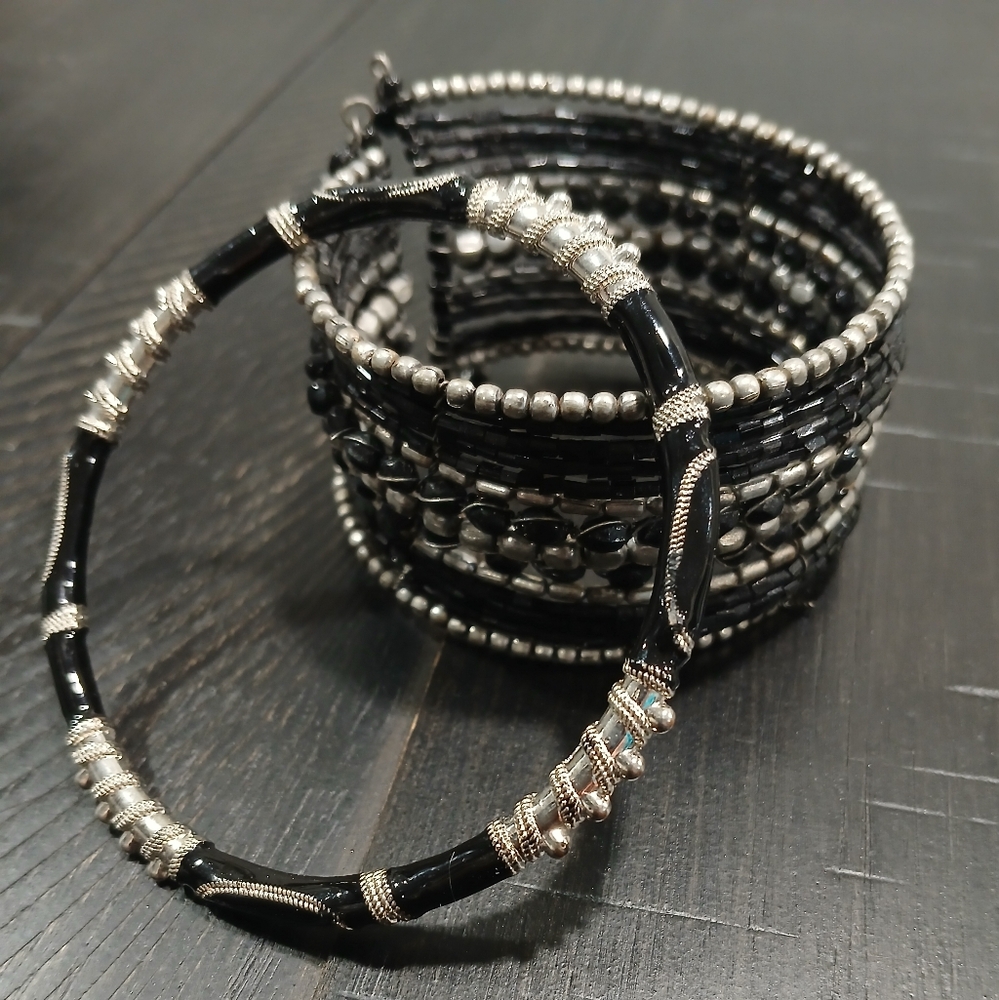 Elegant Black and Silver Beaded Bracelet Set